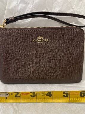 COACH Dark Brown Leather Wristlet with Gold Logo